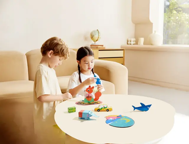 Two children doing mideer Level Up! puzzles at a low table